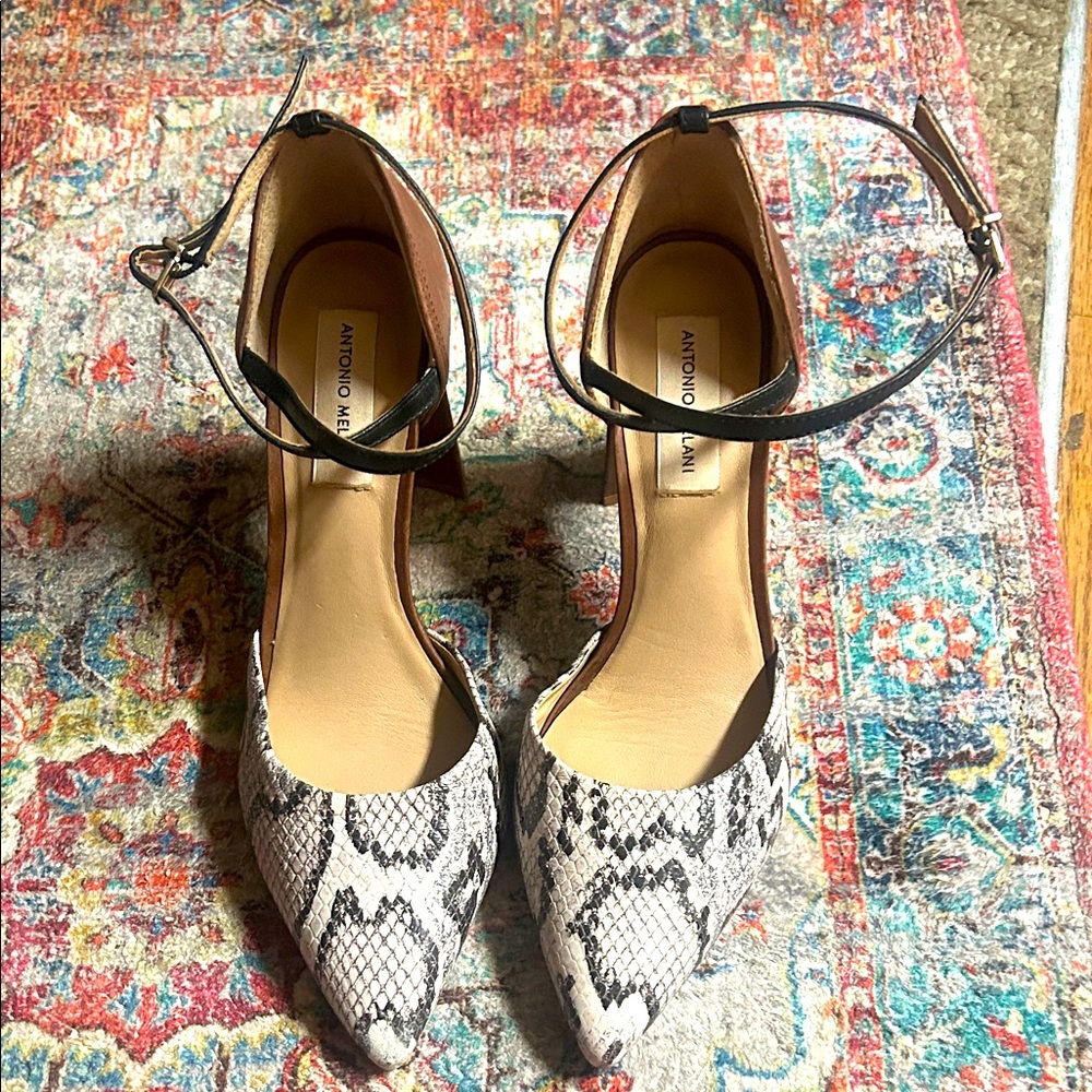 ANTONIO MELANI Black and Cream Snakeskin Heels